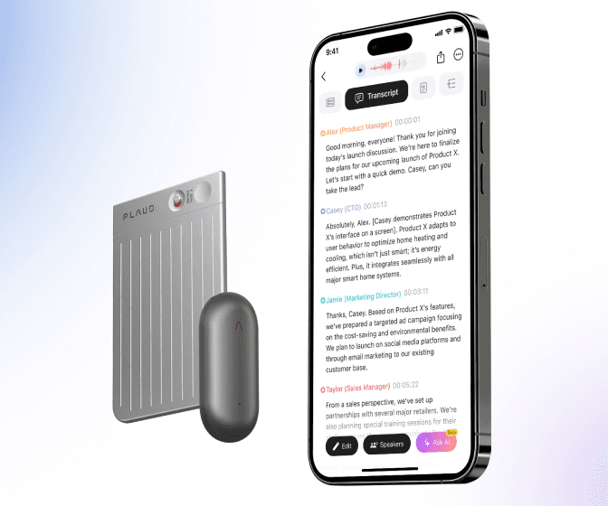 A Plaud recorder next to a phone showing a transcribed conversation