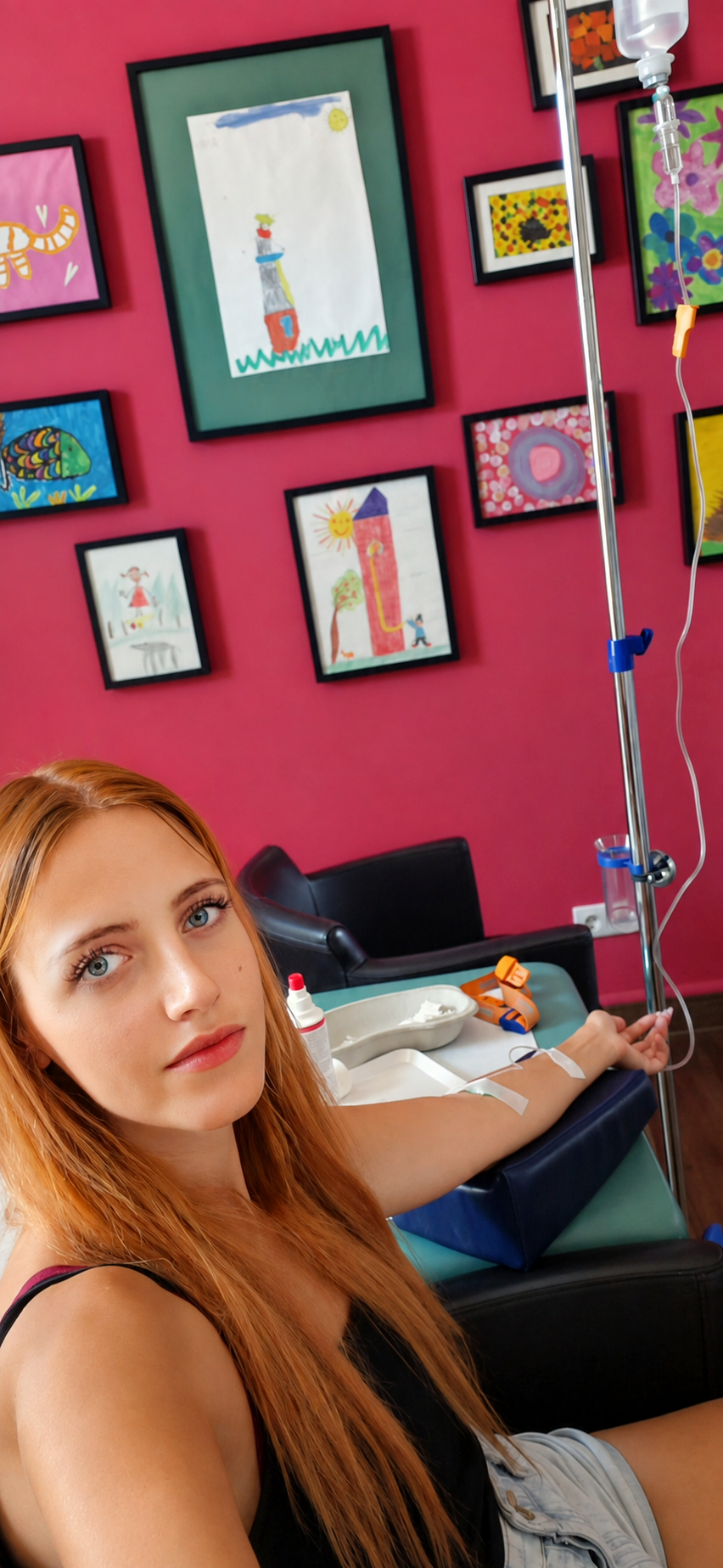 Sitting with an IV drip during a long migraine, in a room hung with children's drawings